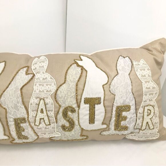 Bella Lux Gold Bead Lace Bunny Appliqué Happy Easter Decorative Accent Pillow - Picture 8 of 11